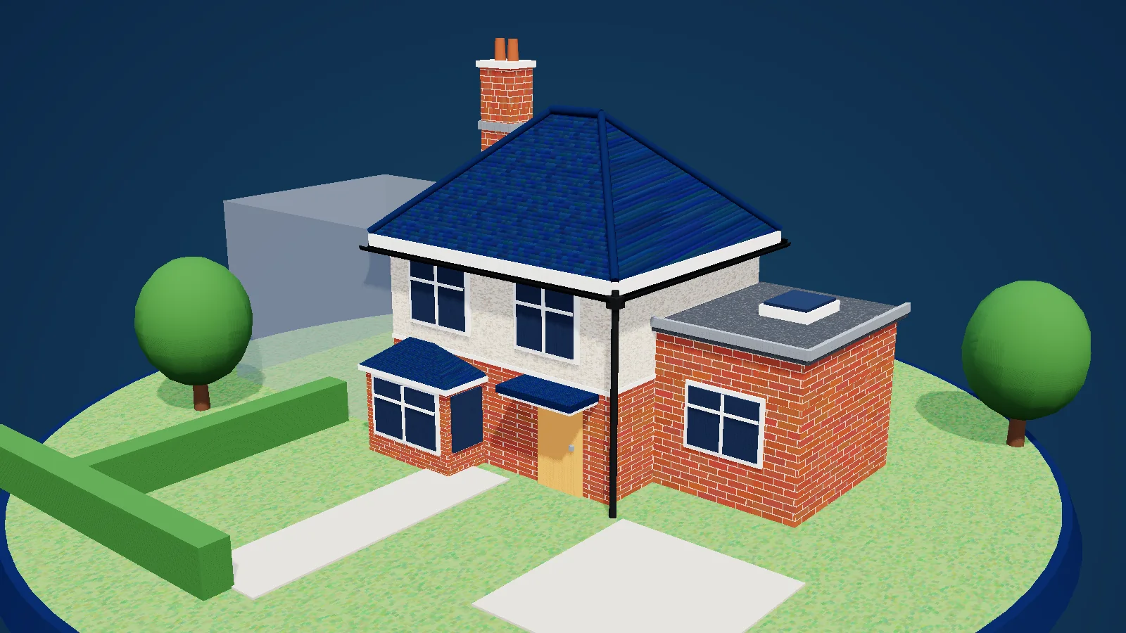 3D house with a navy tiled roof, chimney, gutters and flat roof extension
